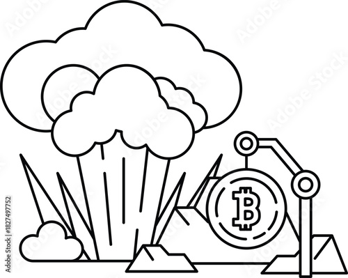 A black and white drawing of a bomb exploding in the sky with a Bitcoin symbol i