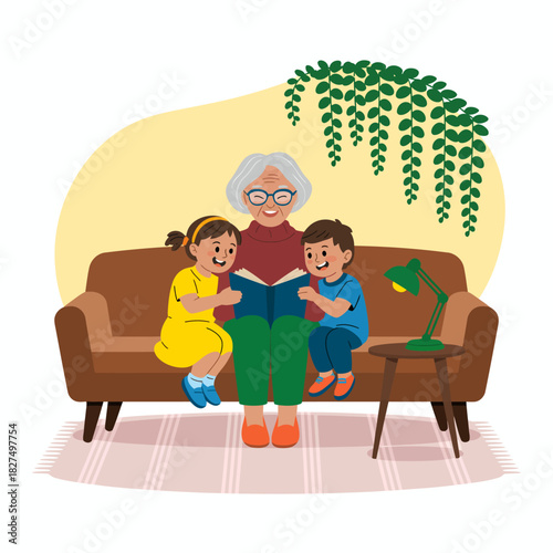 A heartwarming scene depicting a grandmother reading a story to her two grandchildren on a cozy sofa, surrounded by greenery, highlighting joy and family bonding.
