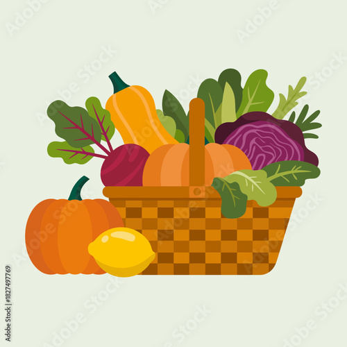 A beautifully illustrated basket brimming with fresh vegetables and pumpkins, showcasing the richness of harvest season and promoting healthy living through nature's bounty.