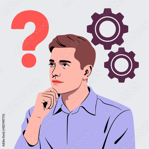 A thoughtful young man considers various possibilities indicated by a question mark, symbolizing curiosity and the quest for answers in a visually engaging way.