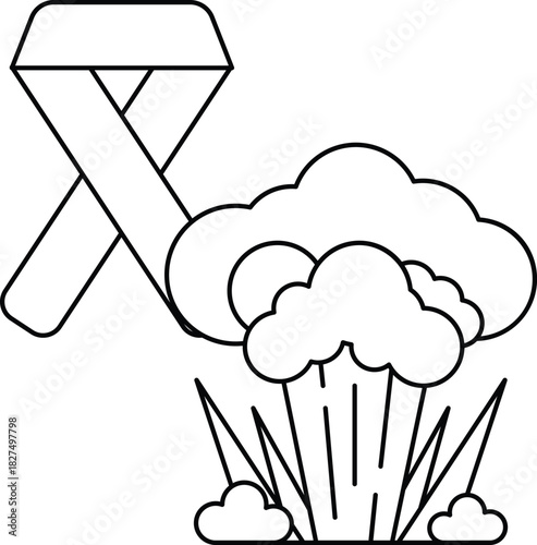 A ribbon is tied to a pole and a cloud is in the background