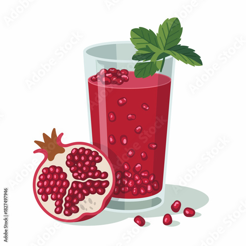 A beautifully illustrated glass of pomegranate juice accompanied by the fruit, showcasing freshness and health, perfect for promoting a nutritious lifestyle and hydration.