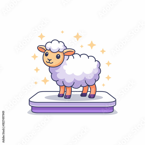 This charming illustration features a cute sheep with fluffy wool standing proudly on a display platform, surrounded by sparkling stars, radiating joy and cuteness.
