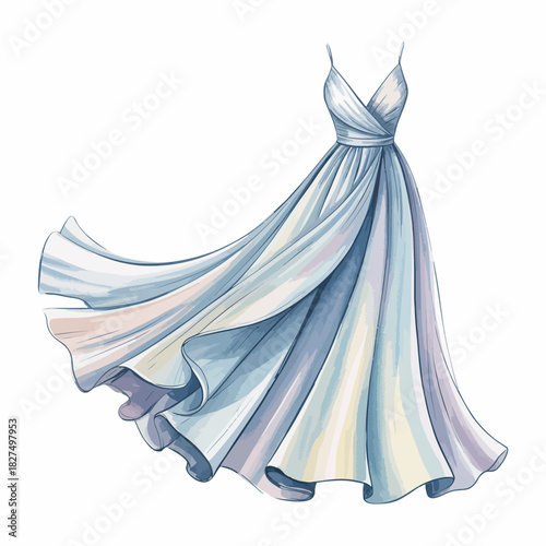 An elegantly designed dress in soft light blue hues flows gracefully, capturing the essence of beauty and sophistication in fashion and design aesthetics.