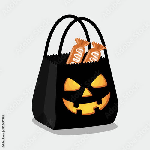 This festive Halloween candy bag features a carved pumpkin design and is generously filled with sweet treats, perfect for trick-or-treaters and Halloween celebrations.
