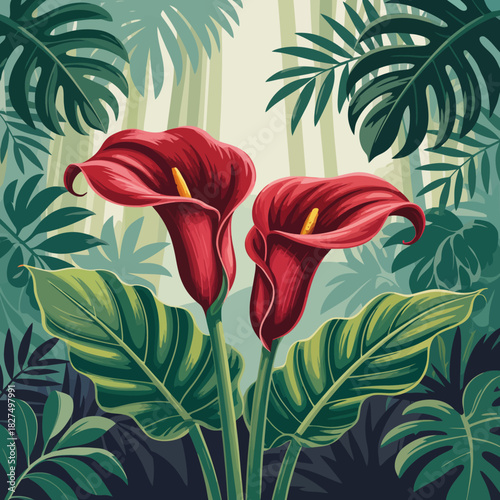 These vibrant red calla lilies stand out beautifully against a backdrop of lush tropical foliage, representing beauty and freshness in a natural setting.