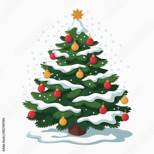 This vibrant Christmas tree is adorned with colorful ornaments and topped with a star, showcasing a wintry scene with delicate snowflakes falling gently around it.