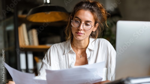 Woman concentrating on paperwork while using a laptop in a productive office environment