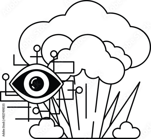 A black and white drawing of a cloud with a large eye in the middle