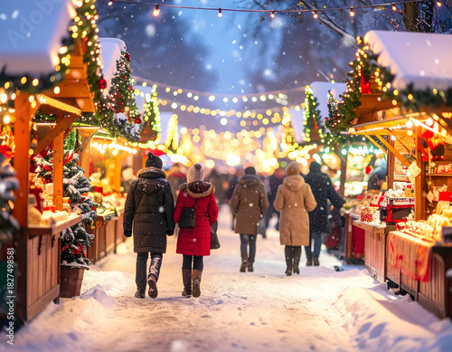 People walking through a snowy town bustling with people celebrating Christmas