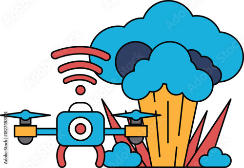 A black and white drawing of a drone flying over a cloud of smoke