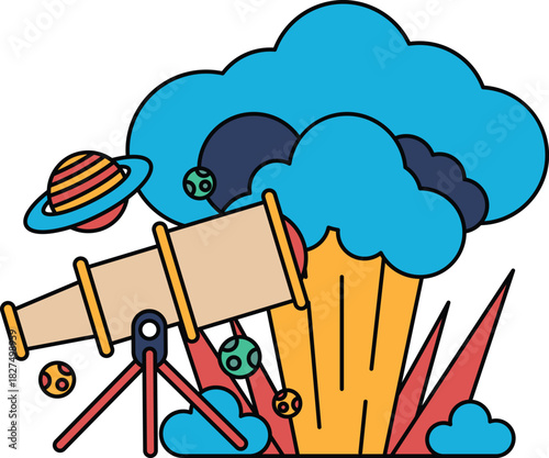 A black and white drawing of a telescope and a cloud of smoke