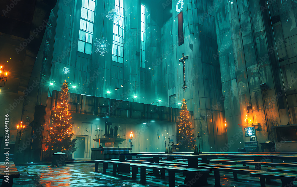 Obraz premium Soviet Propaganda Christmas in Brutalist Interior – Vaporwave Orthodox Icons