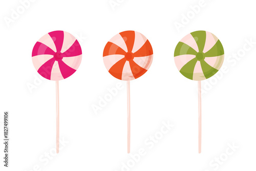 Bright candy on stick vector set. Striped peppermint lollipops. Winter holiday dessert.  New years event cute illustration.