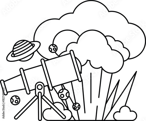 A black and white drawing of a telescope and a cloud of smoke