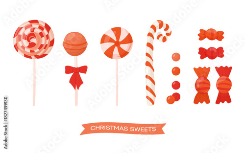 Christmas candy vector illustration set. Red and white colours peppermint caramel collection. New year lollipop symbol. Santa striped caramel cane.