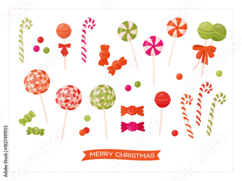 Christmas candy vector illustration set. Red and green caramel collection. New year lollipop symbol. Santa striped caramel cane.