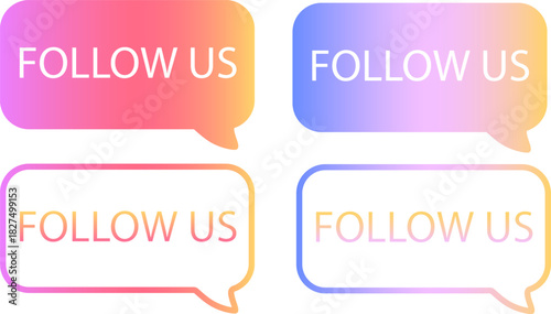 Set of four “Follow Us” bubble buttons. Rounded speech-bubble shapes with bold text, clean vector design on white background. Minimal UI elements for social media and web.