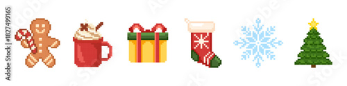 Christmas decoration pixel art game icon vector set. Retro 8 bit gingerbread man, cocoa, gift, stocking, snowflake, tree pixelated style