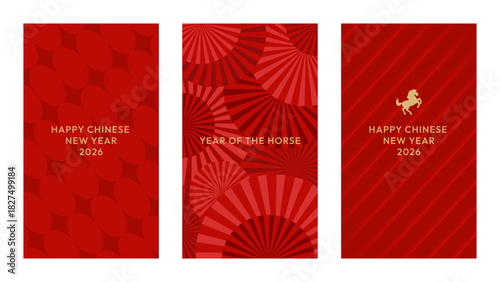 Elegant set of three vertical vector backgrounds for Chinese New Year 2026. Year of the Horse. Features red and gold colors with abstract geometric and traditional Chinese fan-inspired patterns.