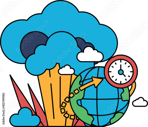 A black and white drawing of a planet with a clock on it