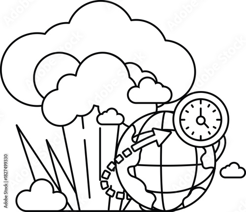 A black and white drawing of a planet with a clock on it