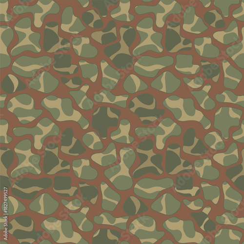 Camouflage seamless pattern. Military-style repeating texture features a mesh-like design. Olive green, brown, and beige. Ideal for military themes and hunting...