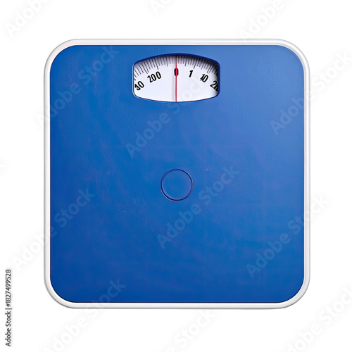 A bright blue analog bathroom scale with a white dial set against a black background.