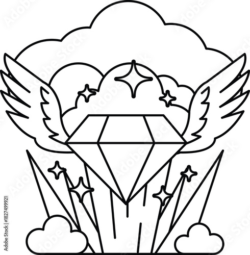 A diamond is surrounded by stars and clouds