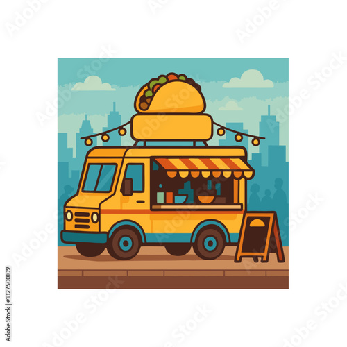 Food Truck With Giant Burger On Top Serves Street Food In City Night Scene