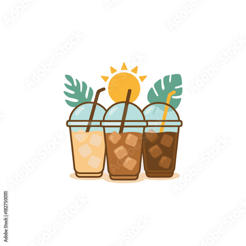 Three Iced Drinks With Straws Under a Sunny Tropical Theme For Summer Refreshment