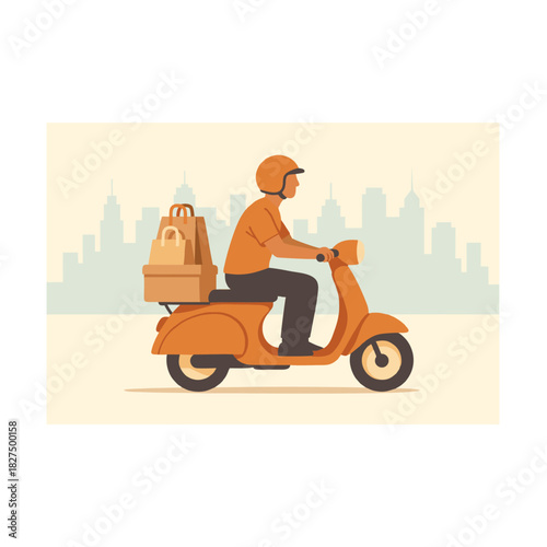 Delivery Rider On An Orange Scooter With Bags In A Cityscape