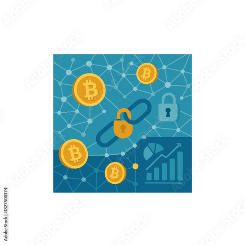 Bitcoin Network Security and Growth: Digital Currency Locks, Blockchain Links, Analytics Chart Illustration