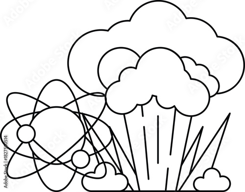 A black and white drawing of a cloud with a nuclear explosion in the middle