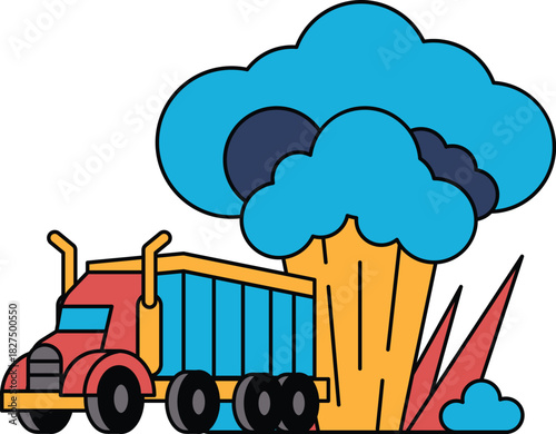 A black and white drawing of a truck driving through a field with a cloud of smo