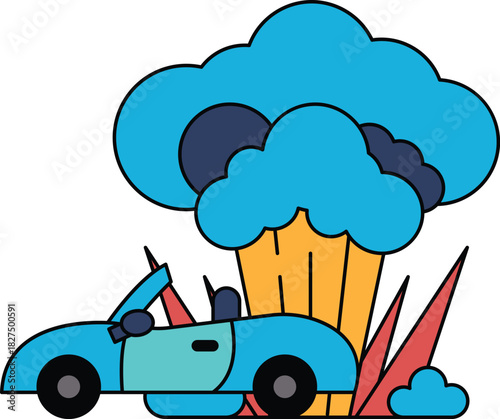 A car is driving through a storm with a cloud of smoke coming out of the back