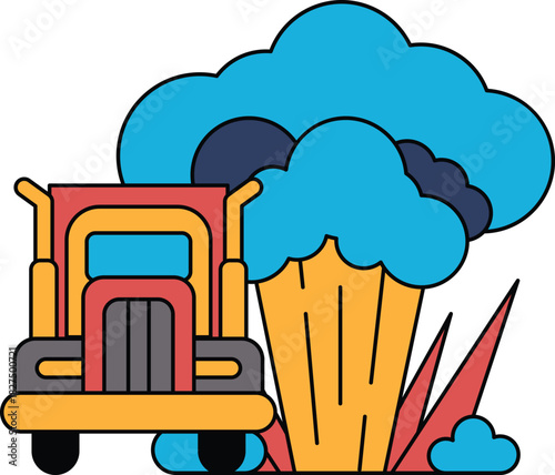 A black and white drawing of a truck with a cloud of smoke coming out of it