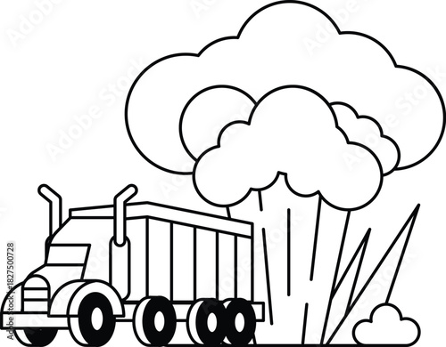 A black and white drawing of a truck driving through a field with a cloud of smo