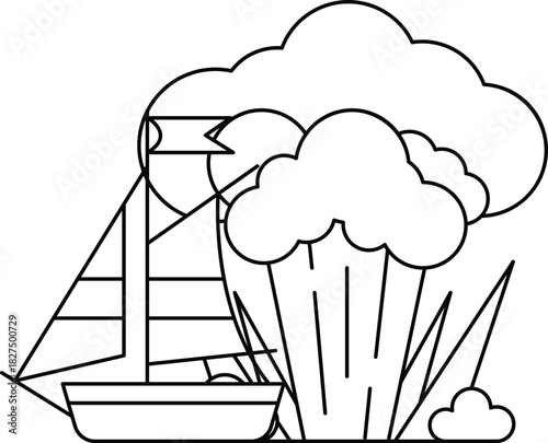 A boat is sailing in the ocean with a cloud in the background