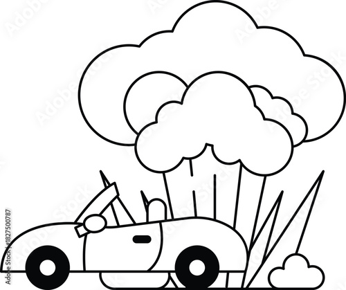 A car is driving through a storm with a cloud of smoke coming out of the back