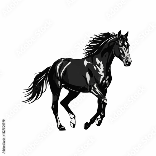 Majestic Black Horse Galloping Gracefully on a White Background.