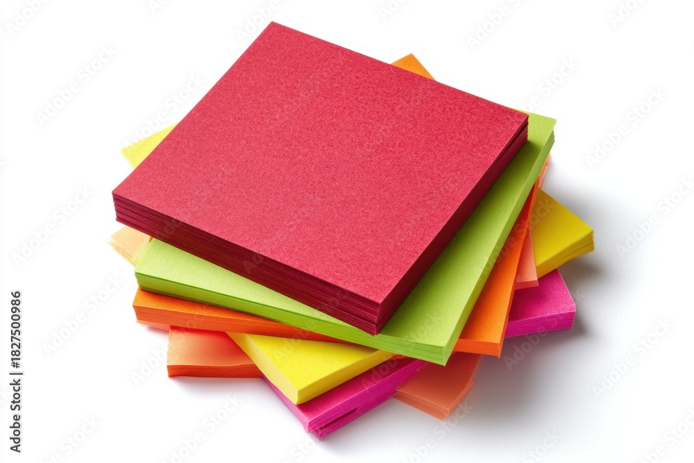 Fototapeta premium Overhead view of a vibrant, messy stack of colorful square sticky notes and memo pads, highlighting organization, ideas, and communication on a white background.