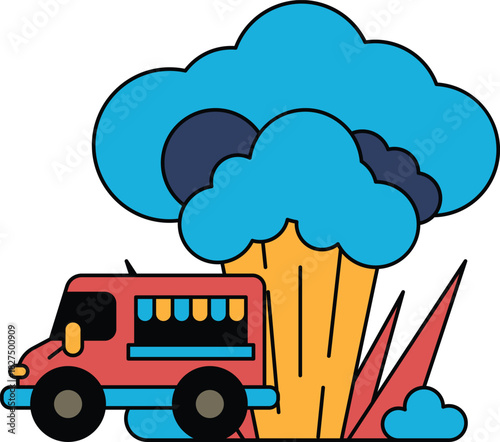 A white truck is driving through a cloud of smoke