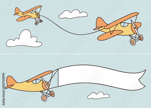 Two vintage biplanes fly among clouds, one towing a blank white banner through the sky.