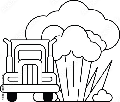 A black and white drawing of a truck with a cloud of smoke coming out of it