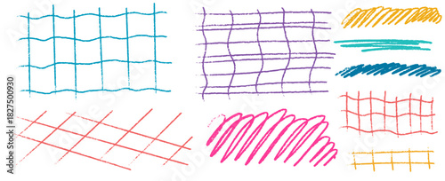 Abstract hand underline and grid set featuring crayon edges and crayon strokes, arranged on minimal grid layout with repeated pattern, accented by loose scrawl lines and expressive scrawl curves.