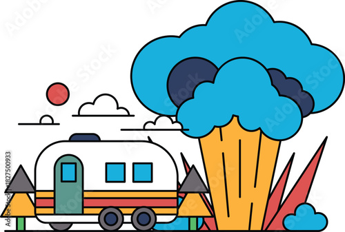 A black and white drawing of a trailer with a cloud of smoke in the background