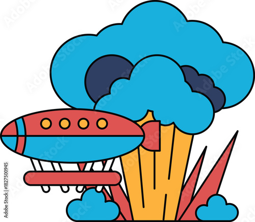 A cartoon drawing of a plane flying through a cloud of broccoli