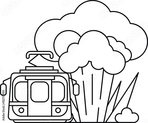 A train is going through a forest with a cloud of smoke in the background