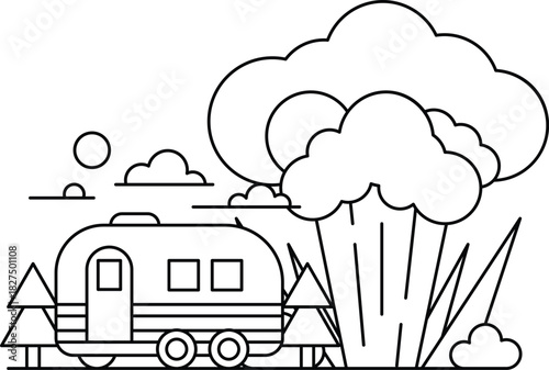 A black and white drawing of a trailer with a cloud of smoke in the background
